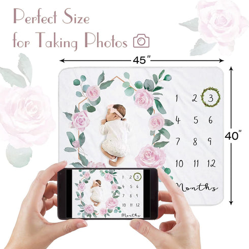 Baby Monthly Milestone Blanket for Baby Girl, Newborn Age Months Blanket Photo Prop with Growth Chart, Floral Wreath