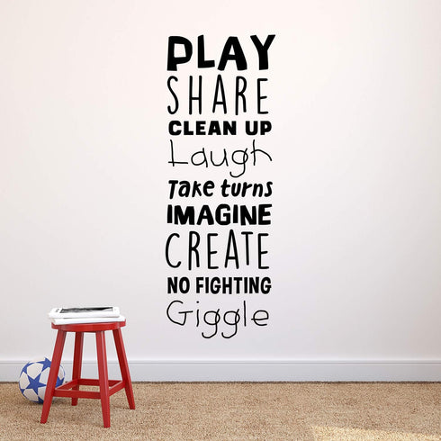 Vinyl Art Wall Decal - Play Share Clean Up Laugh Imagine, 45.5" x 16.5" - Cute Modern Kids Room Decor