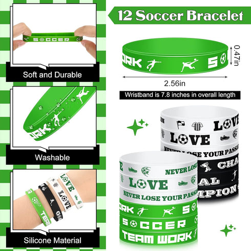 48 Pcs Soccer Party Favors Supplies, 12 Soccer Silicone Bracelets, 12 Drawstring Treat Bags, 12 Mini Stress Balls, 12
