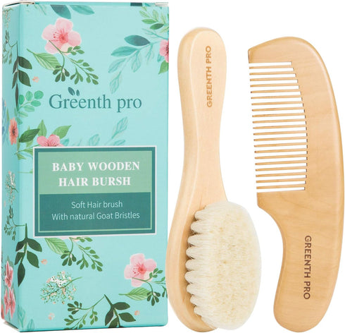 Nature Lotus Wood Baby Hair Bush and Comb Set, Soft Goat Bristle & Pear Wood Comb for Newborns & Toddlers