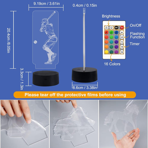 FULLOSUN Baseball 3D Night Light, Remote Control Bedside Lamp for Kids Baseball Fans, 16 Colors + 4 Modes + Dim Function