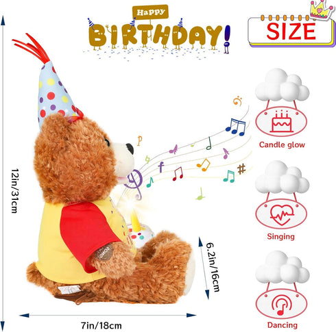 12 Singing Dancing Birthday Teddy Bear with Light Up Candle Playing Happy Birthday Song Musical Interactive Stuffed