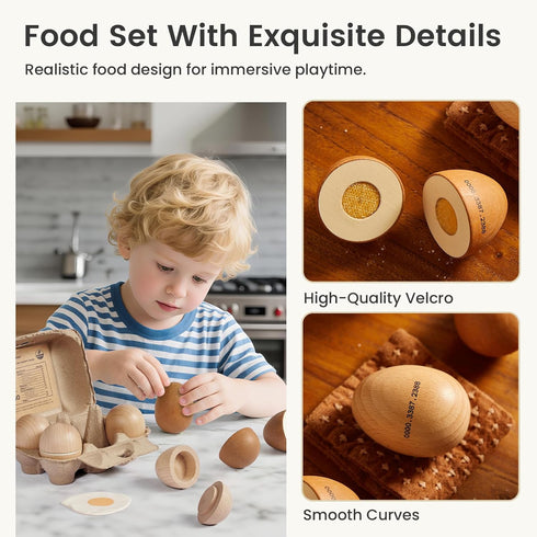 Set 6-Piece Tiny Land Wooden Egg Toy for Kids Pretend Play Food with Cutting Eggs, Fried Egg & Realistic Carton