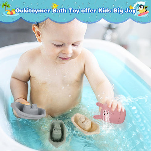 Oukitoymer 9 1-3 Baby Bath Toys Stackable Boats with Soft Silicone Squirt Water Animal Toys, Pcs Floating Stacking Boat