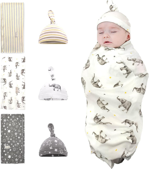 Newborn Swaddle and Hat Set 6 Pack 100% Cotton Knitted Muslin Baby