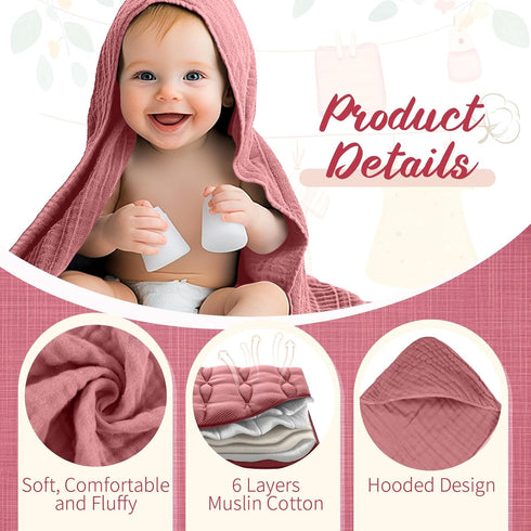 VitalCozy 8 (32 32 Inch,Elegant Pcs Baby Muslin Hooded Bath Towels and Washcloths Muslin Cotton Hooded Baby Towels