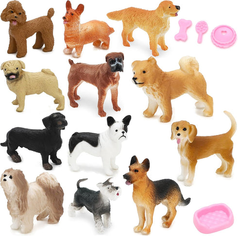 ONEST 13 Pieces Mini Dog Figurines Playset, Hand Painted Realistic Detailed Plastic Puppy Figures for Kids