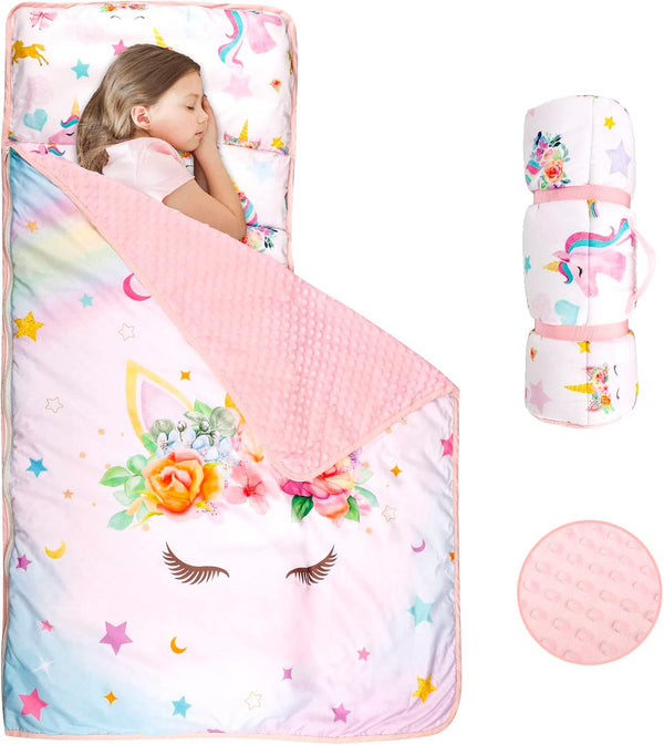 Toddler Nap Mat with Removable Pillow and Soft Dot Minky Blanket, Extra Large Unicorn Napping Mats for Kids