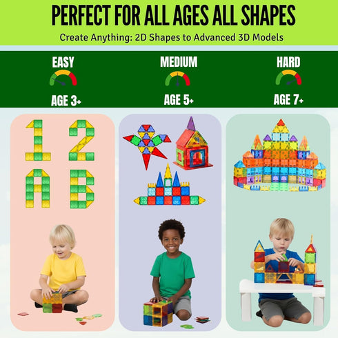136 2 3-12, Set Magnet Tiles for Kids PCS with Cars Bases, STEM Magnetic Tiles for Toddlers, Educational Learning Toys