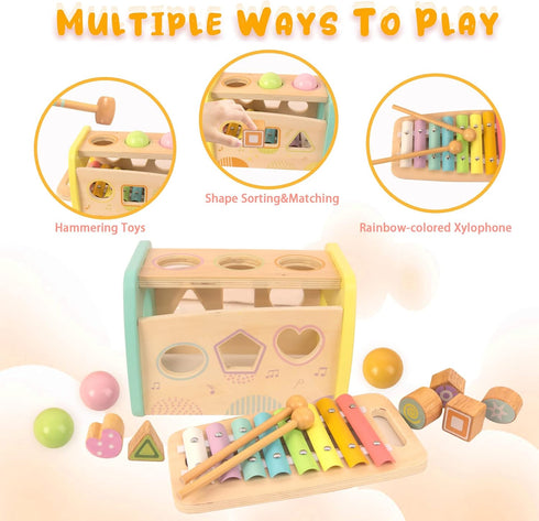 Hammering 3 Pounding Toys Wooden Educational Toy Xylophone Shape Sorter, Birthday Gift for Years Boys Girls Baby