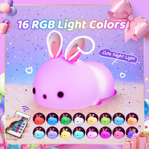One Fire Night Light for Kids Room, Cute Kawaii Animal Lamp with Timer, Battery Remote, Easter Bunny Gift