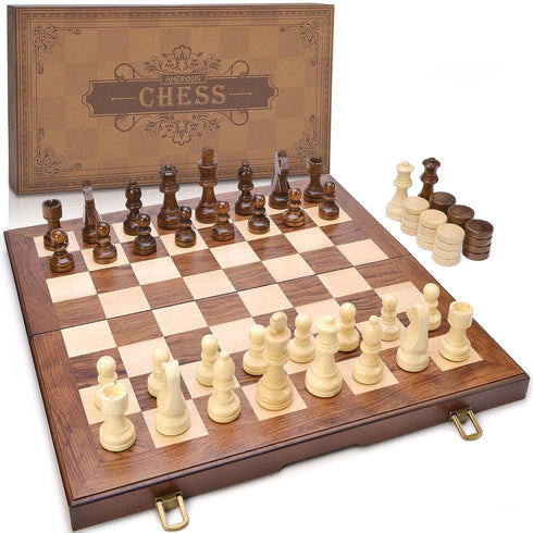 AMEROUS Wooden Chess & Checkers Set - 15 Inches (2 in 1) with Upgraded Weighted Chess Pieces, Gift Package