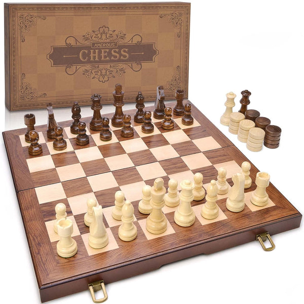 AMEROUS Wooden Chess & Checkers Set - 15 Inches (2 in 1) with Upgraded Weighted Chess Pieces, Gift Package