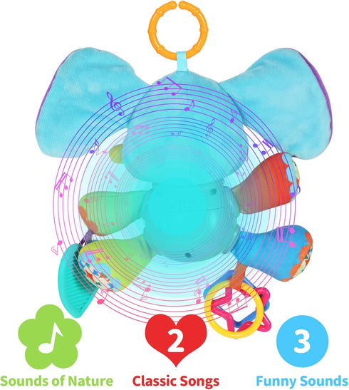 Multifunctional Luminous Plush Elephant Baby Music Toy, 12 Songs and Nature Sounds, Teething Toy for Car Seats and Cribs