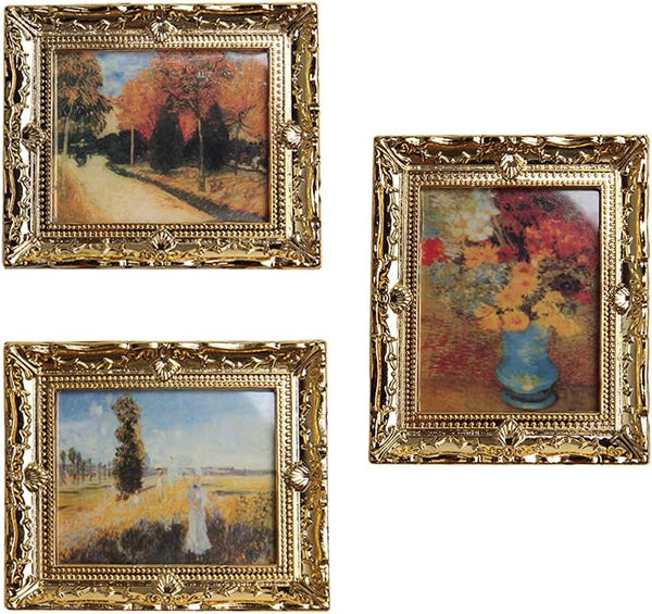 3Pcs 1:12 Mini Miniature Gold Frame Art Wall Picture, Oil Painting Home Decor