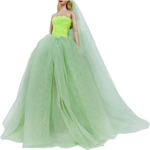 BJDBUS for 11.5 Inch Girl Doll Clothes, Green Trailing Wedding Dress with Veil Dinner Party Gown