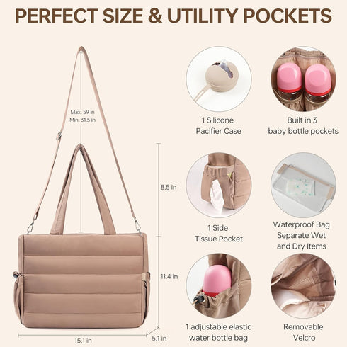 GEMIU Travel Diaper Tote Bag with Silicone Pacifier Case - Large Capacity for Moms