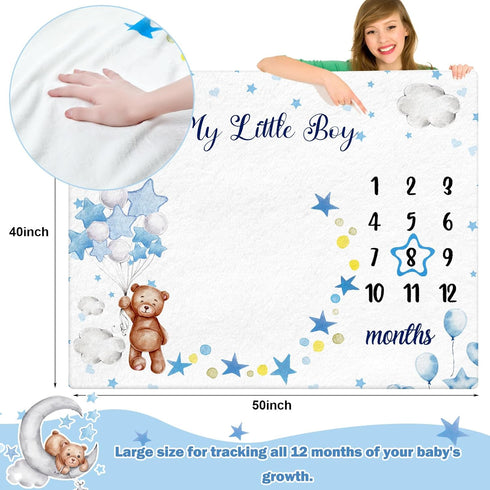 Mindsoft Sleeping Bear Monthly Baby Milestone Blanket Bear Star Balloon Flannel Blanket Boy Newborn Infant Swaddle