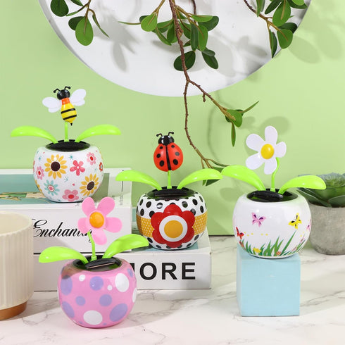 Solar Dancing Bee Toy - Solar Powered Dancing Sun Flower with Colorful Pots and Swinging Ladybug Shape for Car