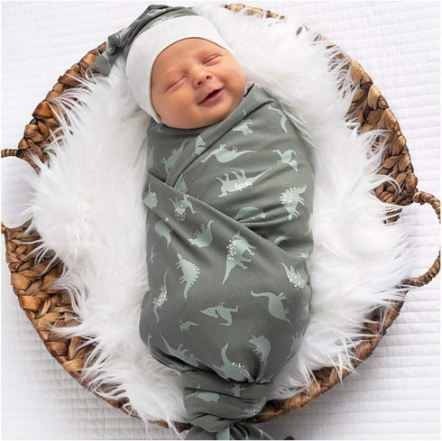 Baby Boy Receiving Blanket Swaddle Blanket Newborn Wrap Sack Headband Set -Dinosaur