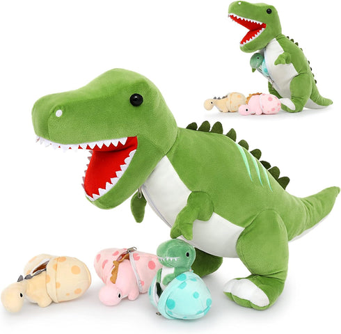 Tezituor Giant Dinosaur Stuffed Animal, 23.6'' Big T-Rex Mommy Plush Toy with 3 Baby Dinosaurs & Egg Bags