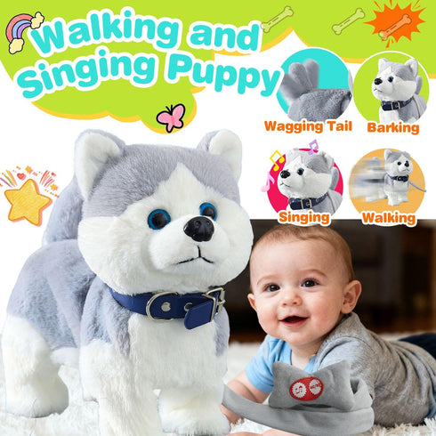 HCdoujoy Husky Walking Dog Barking Toy, Musical Singing Dancing Volume Control Interactive Puppy Walk Along with Leash