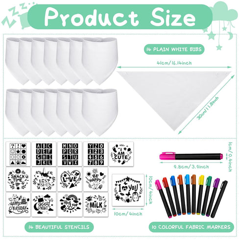 Jutom 38 Pcs DIY Baby Bibs Decorating Sets Includes 14 White Baby Bibs 10 Fabric Paint Markers 14 Stencils, 2 Ply Cotton Drool Bibs Plain Baby Shower Game Gifts for Boys Girls Gender Reveal Party