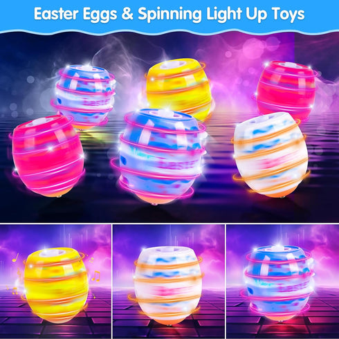 6-Pack 3+ TERRAMUS Easter Eggs Toys, Light Up Easter Basket Stuffers, Lighting, Singing, Spinning Tops, Party Favors