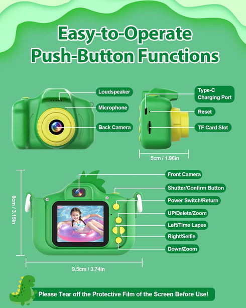 Dinosaur Kids Camera Toys, 1080P HD Digital Camera for Kids with 32GB SD Card, Gift for 3-9 Years Old
