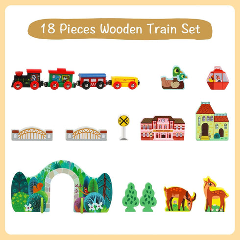 18 Set 3+, 4 Joqutoys Piece Train for Toddlers, Wooden Take-Along Tabletop Railroad for Kids Age Portable Durable Train