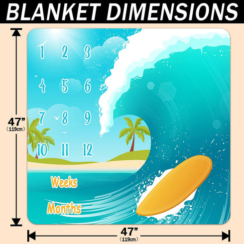Baby Monthly Milestone Blanket, Sea Surfboard Waves, Newborns 1 to 12 Months with 4 Frames and 1 Headband