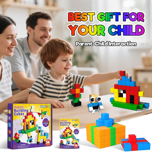 56PCS 3+ (1IN) Annexfun Magnetic Blocks for Toddlers,Magnetic Building Blocks Cubes,Montessori Preschool STEM Sensory
