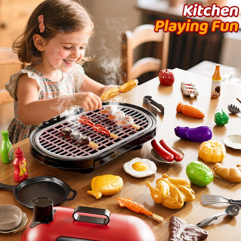 Playset 3-5, 2-Layer Set, Kids Grill for Toddlers Outdoor BBQ Cooking Toy with Smoke, Lights and Sounds, Backyard