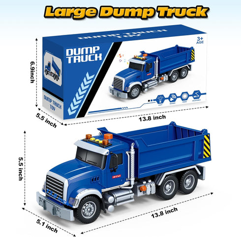 Kids Toys for 3-8 Years Old - 15" Large Dump Truck Toy with Lights & Sounds, Blue Friction Powered Vehicle for Boys &