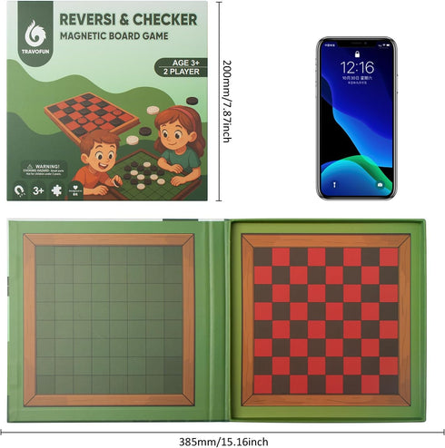 2-in-1 8-12 8-12 Checkers & Reversi Board Game | Magnetic Travel Games for Kids | Plane Activities for Kids Ages |