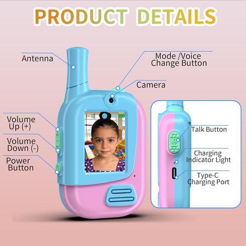 BUKEWIT 2 Pack, 3-12 Video Walkie Talkies for Kids Kids Video Walkie Talkies Rechargeable with Voice Changer & HD