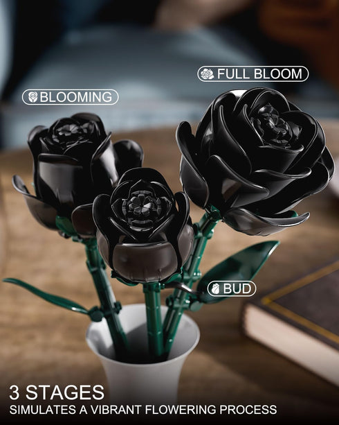 TYCOLE Sets, 8-12 (512Pcs) Black Roses Flowers Building Artificial Bouquet Botanical Collection Building Blocks