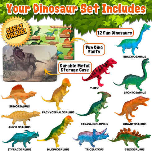 3 Bees & Me Dinosaur Toys - 12 Large Dino Toy Figures with Storage Box - 6 inch Dinosaurs - Gift Set for Kids