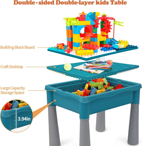 Double-Sided Kids Activity Table with Storage - 105pcs Marble Run Building Blocks, 5-in-1 Play Table