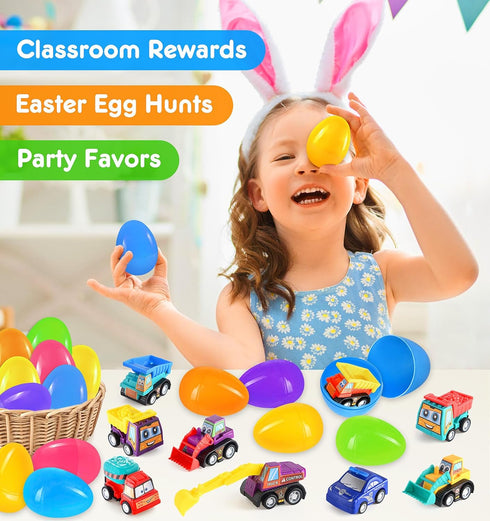 24 Pack Ellinjan Prefilled Easter Eggs with Toys Inside, Pull Back Cars Easter Eggs with Construction Vehicles, Easter