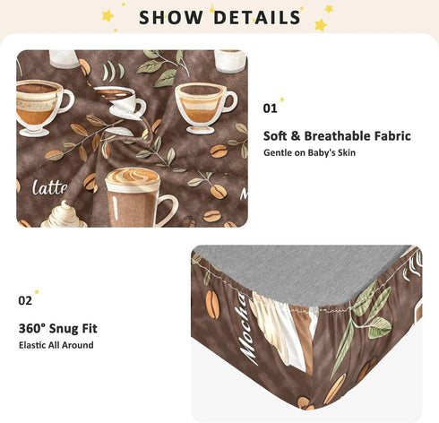 CZXW 52" 28" Coffees Pattern Crib Sheets Fitted x Natural Cotton Soft & Breathable for Baby Crib Mattress