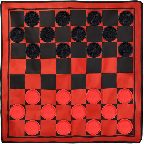 3 in 1 Giant Checkers Game Set with 24 Checkers, Reversible Rug, Indoor & Outdoor Activity for Kids or Adults