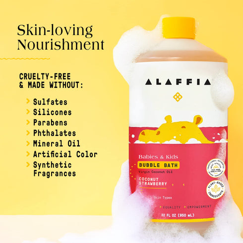 2-Pack 32 Oz Alaffia Bubble Bath for Babies & Kids, Coconut Strawberry Long-Lasting, Moisture-Rich Bubbles with Coconut