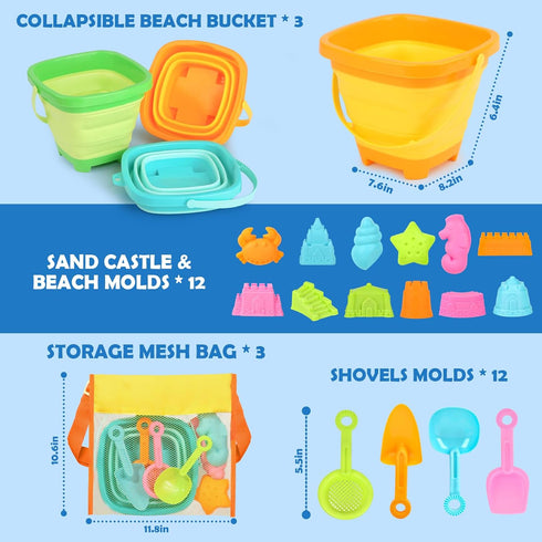 3-10, 3 Pack 24 Dreamon Beach Toys for Kids Collapsible Sand Toys Include Foldable Buckets with Mesh Bag, PCS Beach