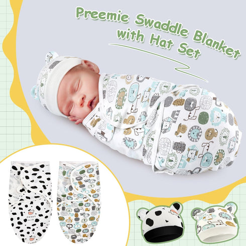 VitalCozy 2 Pack 3-7 Lbs Preemie Baby Swaddle Blanket Wrap with Hat Preemie Hat Newborn Receiving Blanket Wrap for Boy
