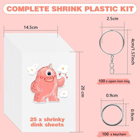 225PCS Shrinky Dink Kit, Shrink Plastic Sheets with 25PCS Shrinky Dink Paper, 100PCS Keychains for Kids Crafting