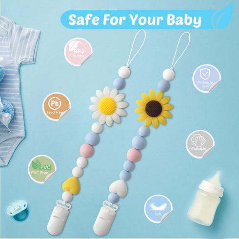 LSTRAGY 2 Pack Silicone Pacifier Clip, Pacifier Holder for Boys and Girls, Adorable Sunflower Pacifier Clips Fits