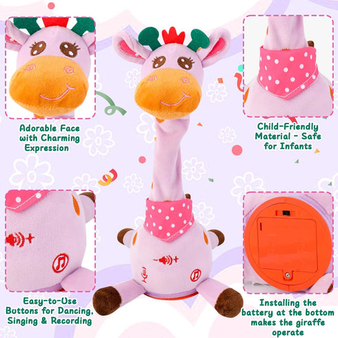 10 MIAODAM Dancing Giraffe Singing Children's Song, Stuffed Baby Toy Repeats What You Say, Christmas Colorful Glowing