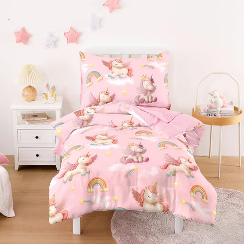 Wake In Cloud - Toddler Bedding Set for Girls, 3D Unicorns Rainbow