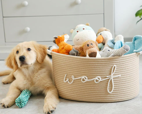 ZOMBATI Woof Woven Rope Storage Baskets, Pet Dog Toy Bin Box Perfect for organizing Chew Toys Blankets leashes, Dog Toy